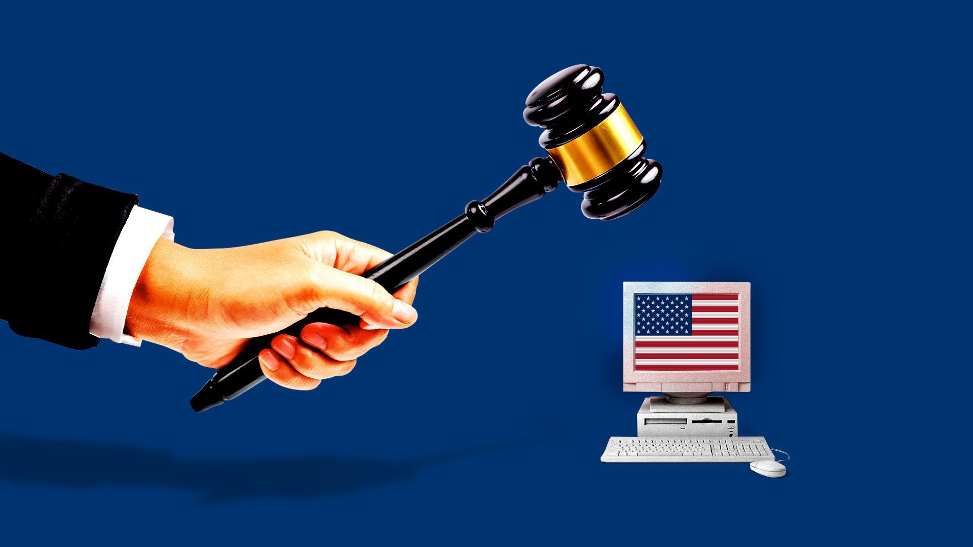 Illustration of a hand holding a gavel hovering over a computer screen displaying a US flag.   