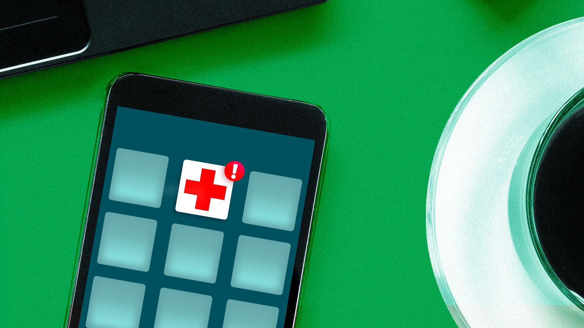 Illustration of a smart phone on a table top next to a coffee and laptop – on the screen of the phone is a brightly lit app with a red medical cross symbol and a notification exclamation symbol dot in its corner