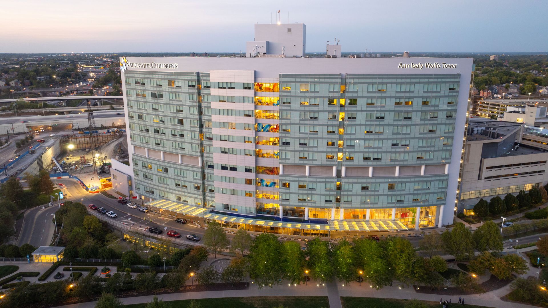 Evening aerial view of Nationwide Children's Hospital.
