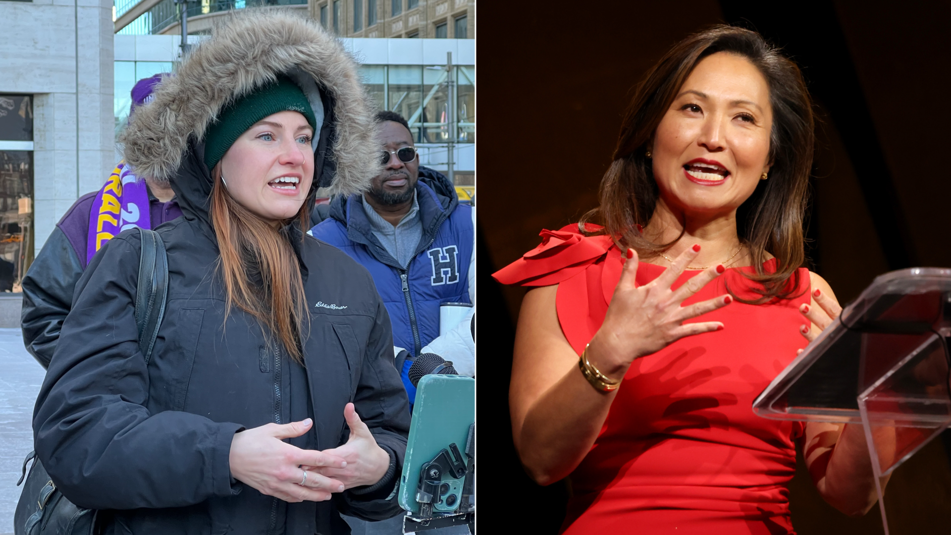 A side-by-side image of Katie Cashman wearing a black winter jacket with a faux-fur hood, and Ann Kim wearing a red evening dress.