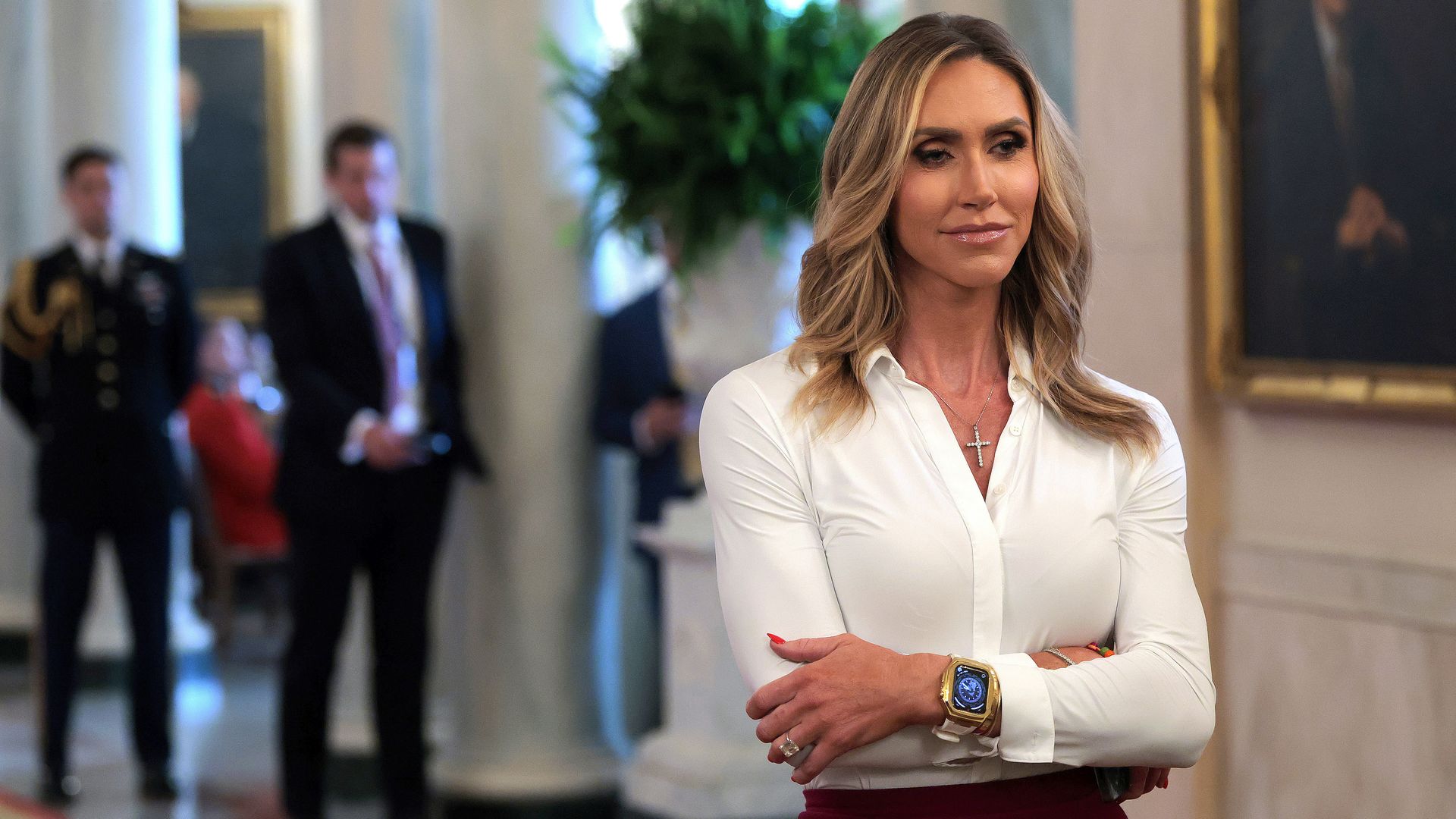 Lara Trump, co-chair of the Republican National Committee, attends the signing ceremony for the "GENIUS Act" at the White House. Trump said Thursday that she will not run for Senate in North Carolina. 