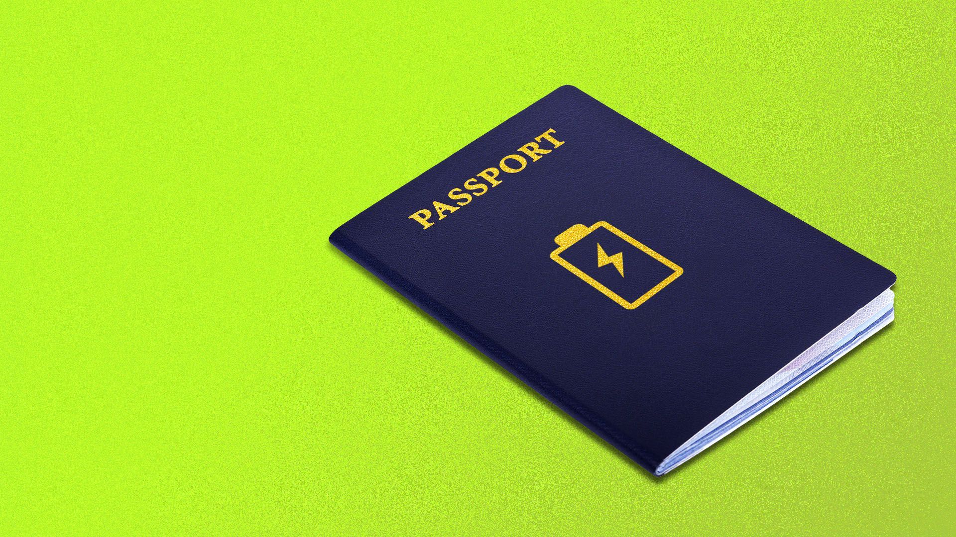Illustration of a passport with a battery on the front.