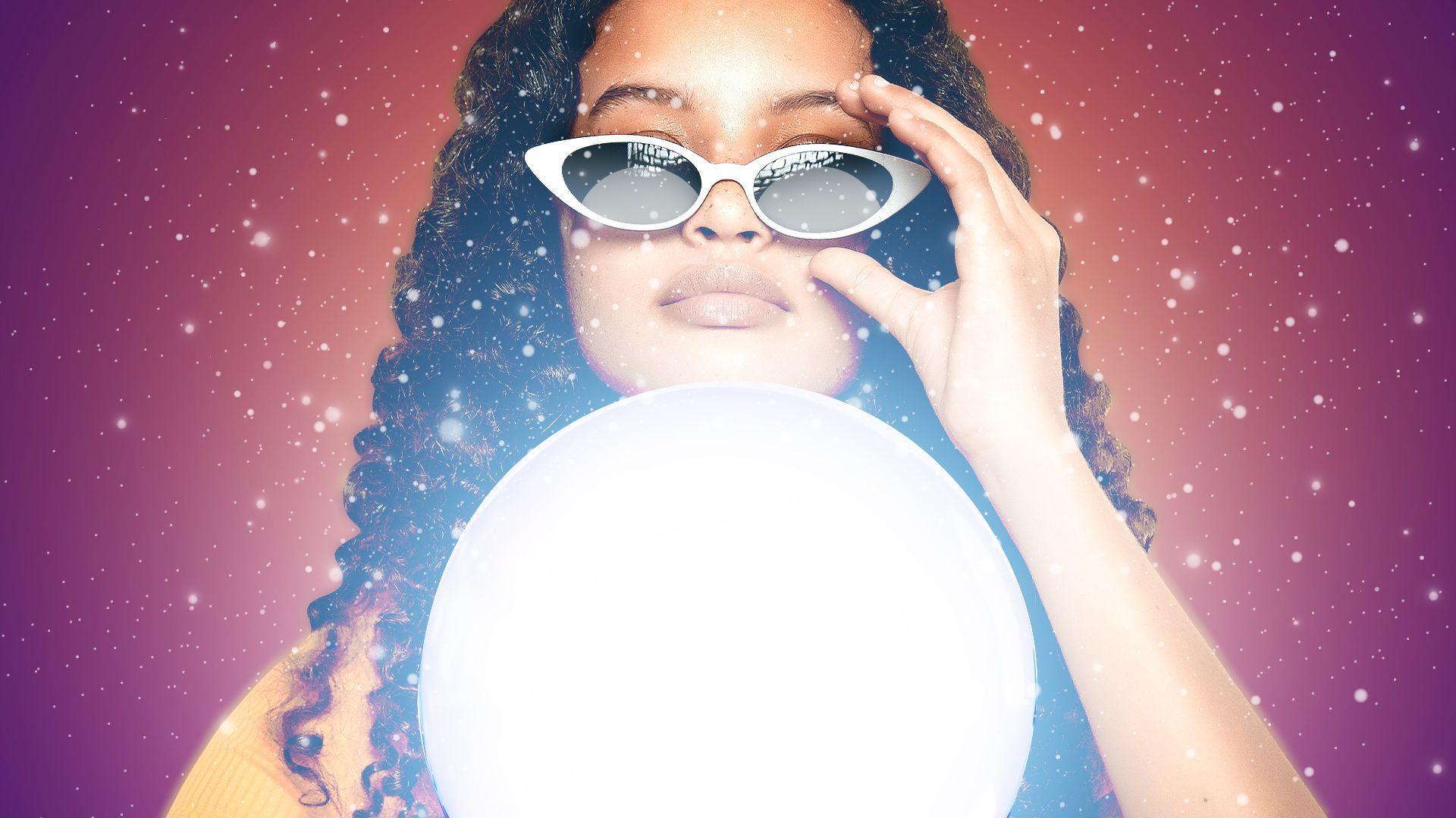 Illustration of a Gen Z person wearing sunglasses looking into a blindingly bright crystal ball. 