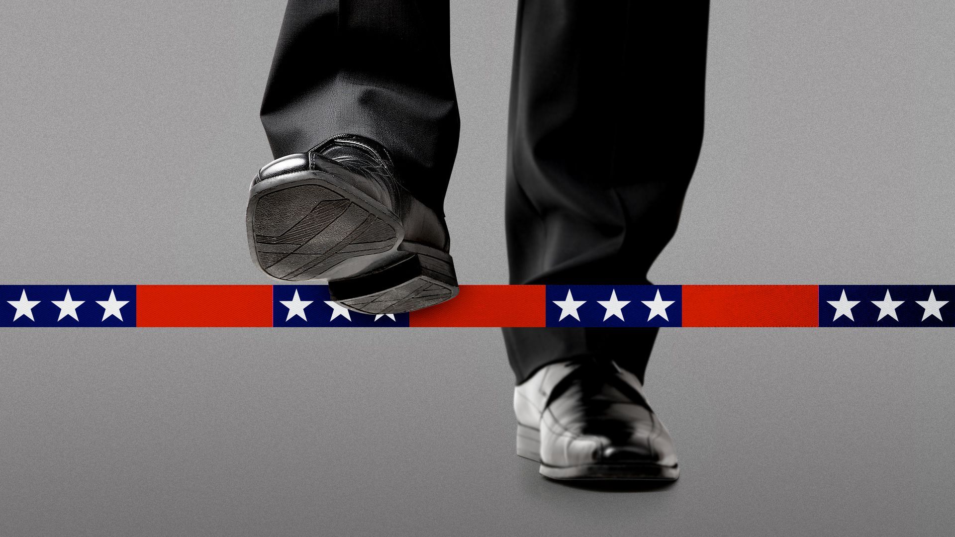 Illustration of a pair of legs stepping over a ribbon stylized in colors from the American flag. 
