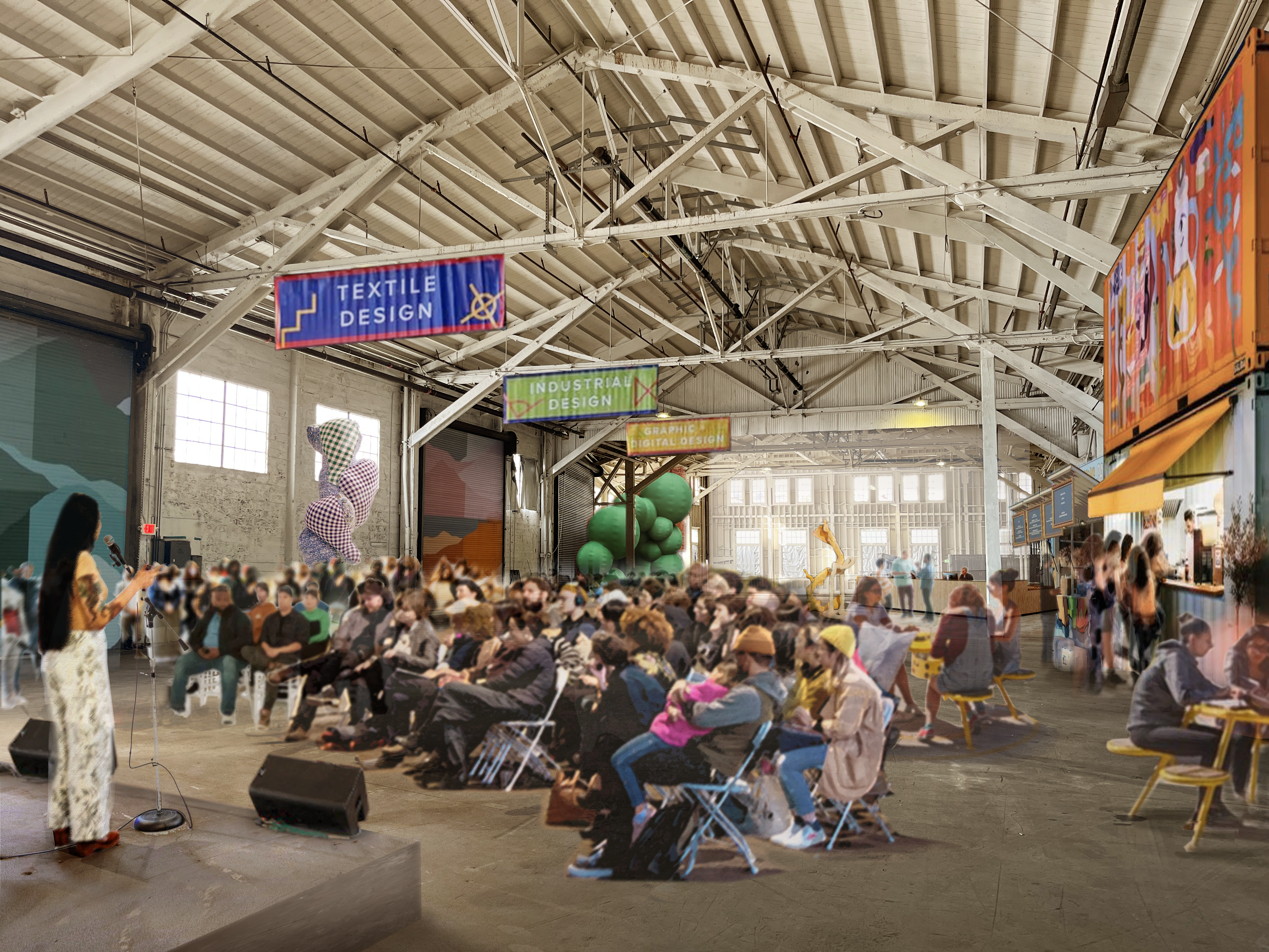 Concept rendering of a performance space in a warehouse