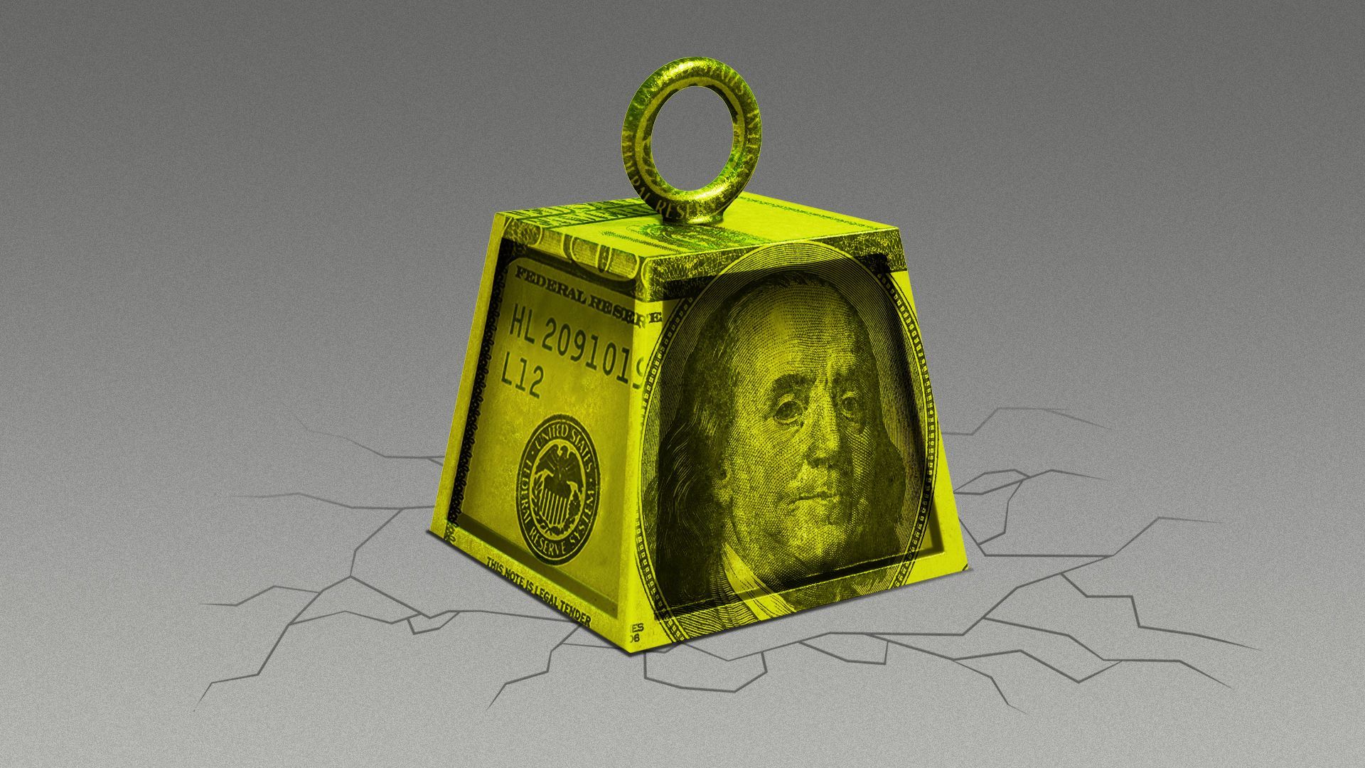 Illustration of a dollar-shaped weight causing cracks in the ground.