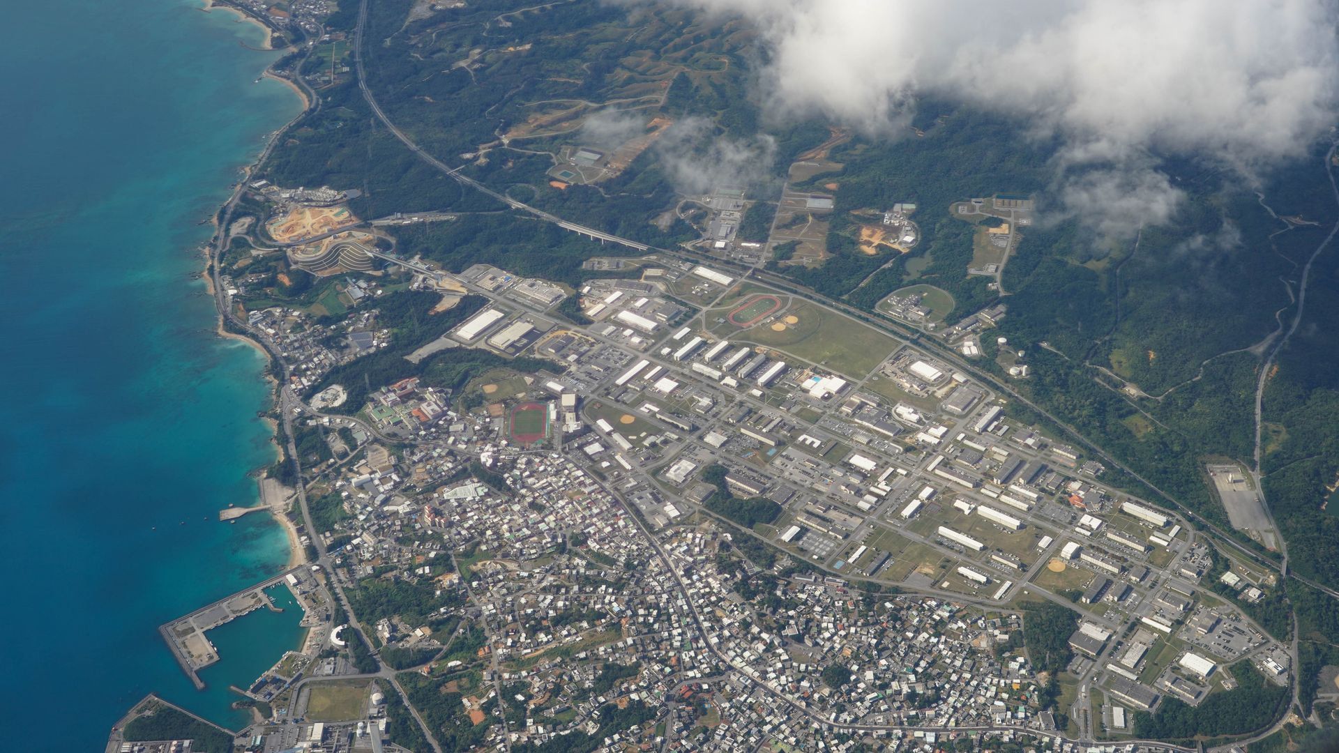 An aerial view of U.S. Marine Corps Camp Hansen in Okinawa, Japan.