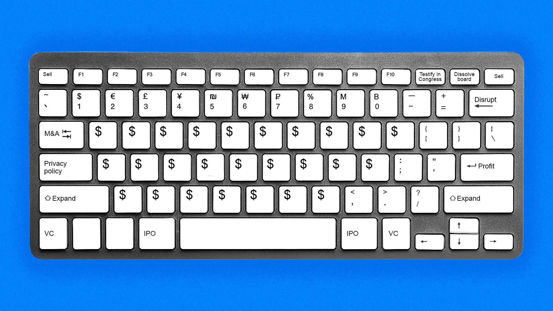 A keyboard with all the keys replaced with dollar symbols