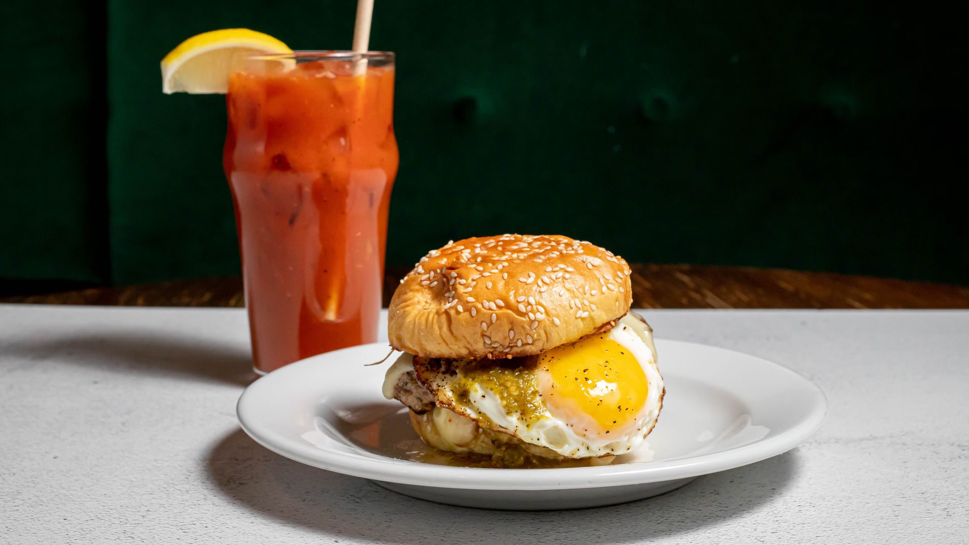 A breakfast sandwich and bloody Mary