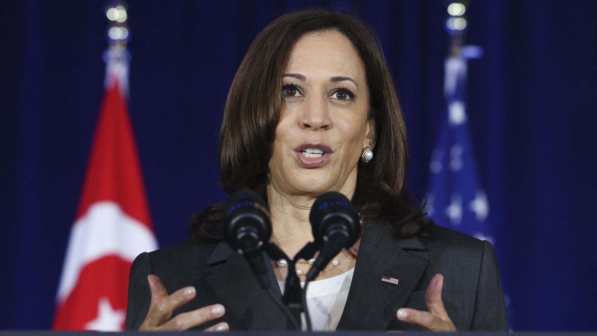 Vice President Kamala Harris delivers a speech at Gardens by the Bay in Singapore before departing for Vietnam on the second leg of her Asia trip, August, 24