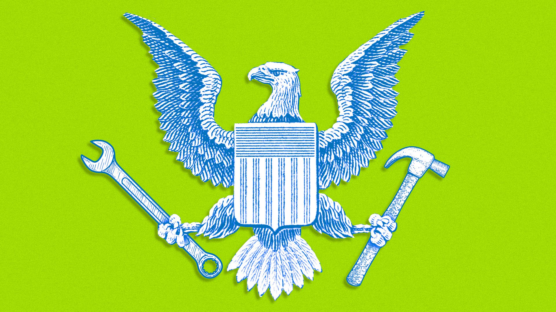 Illustration of an eagle seal holding a wrench and hammer. 