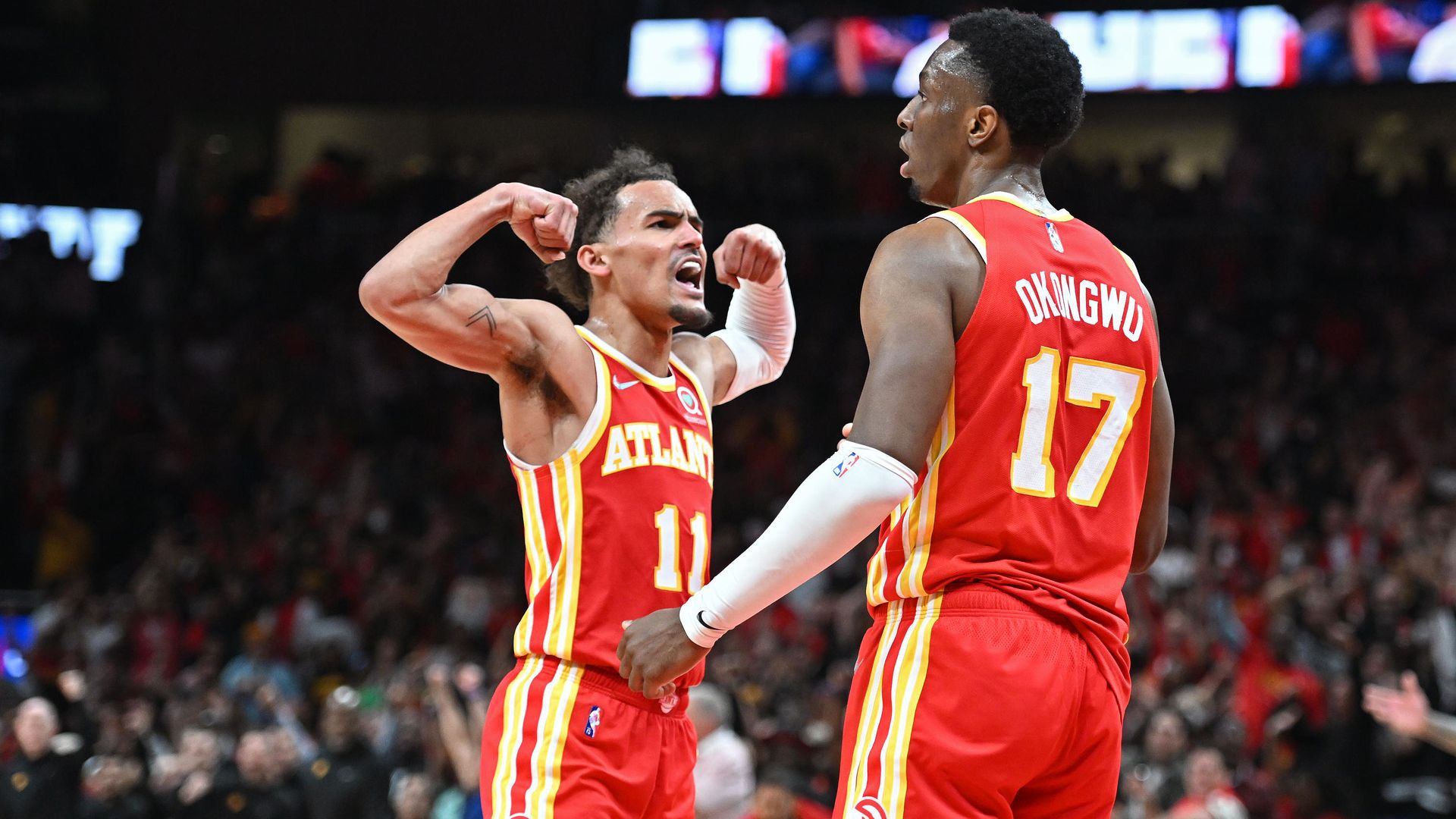 Trae Young of the Atlanta Hawks celebrating