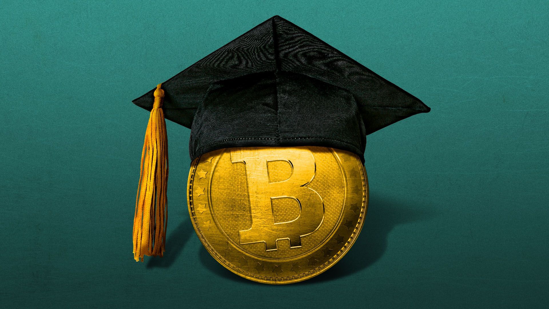 Illustration of a gold coin with a bitcoin logo wearing a graduation cap