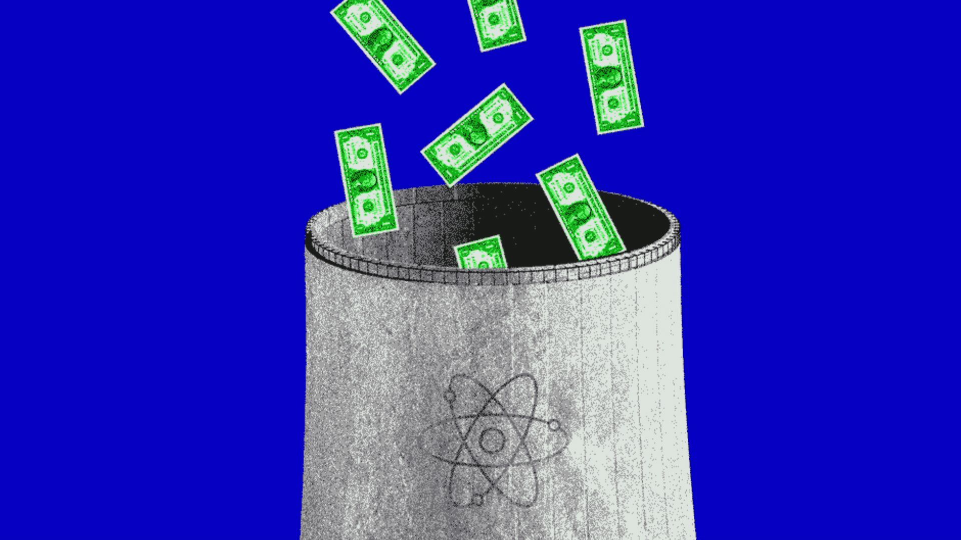 An image of dollar bills sinking into an atomic power plant.