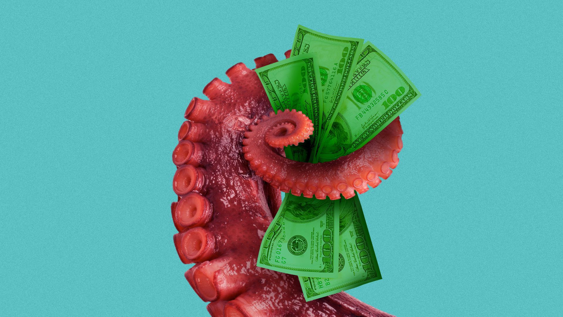 Illustration of a tentacle holding a bunch of cash. 