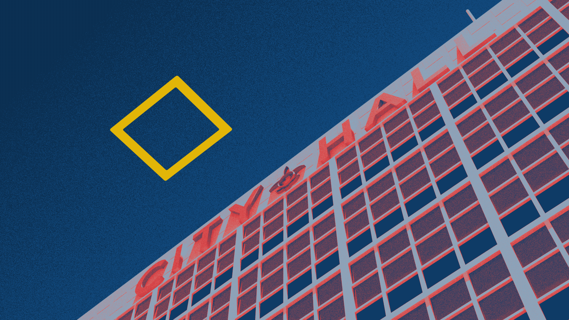 Animated illustration of an upward view of New Orleans City Hall with a checkbox suspended in front of it, and a checkmark drawing over the box.