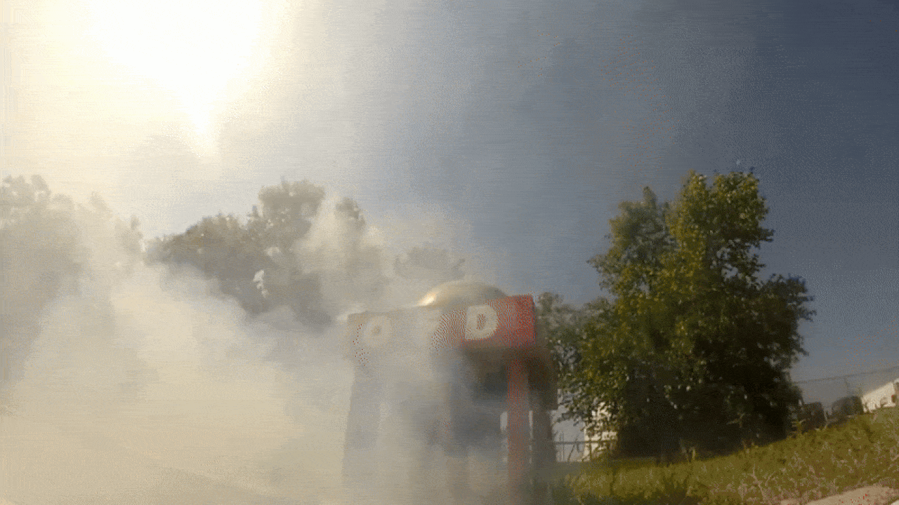 Video from the Olathe Fire Department shows a watermelon being blown up by a mortar firework.