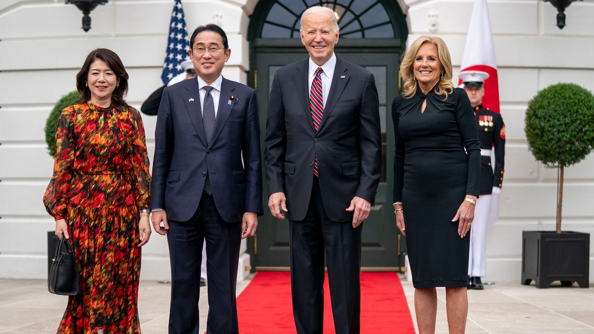 President Joe Biden, second right, and first lady Jill Biden, right, welcome Fumio Kishida, Japan’s prime minister, and his wife, Yuko Kishida, to the White House.