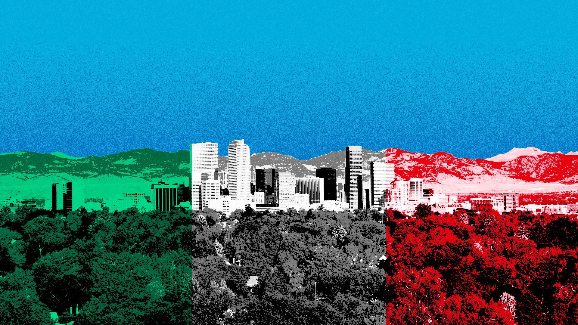 Illustration of Denver with the colors of the Mexican flag overlaid.