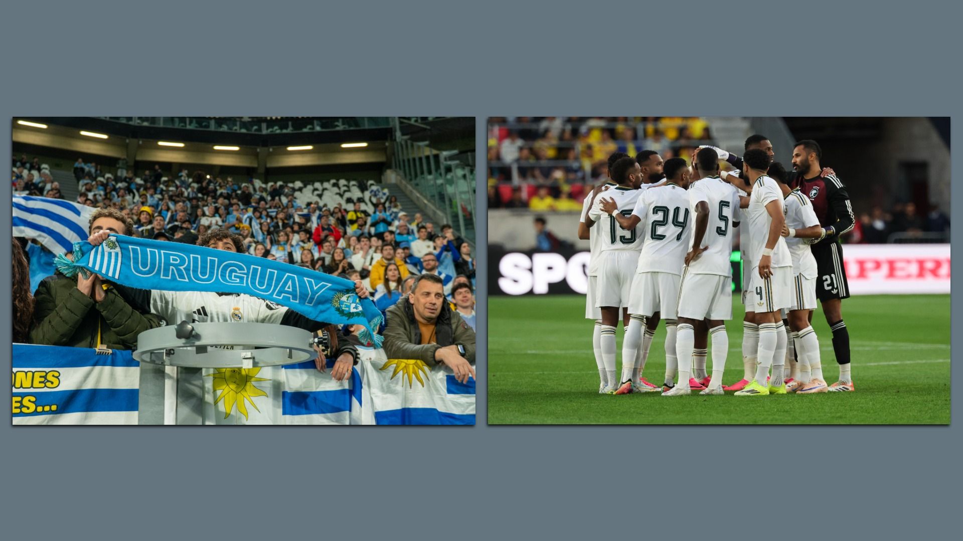 Picture on the left has fans holding a Uruguay scarf. On the left, the Saudi Arabian team in a huddle.