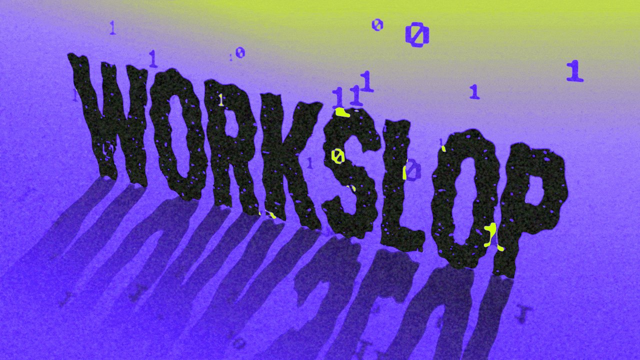 Animated illustration of the word "WORKSLOP," rendered in a spooky font, and going in and out of focus, with binary code passing over it.