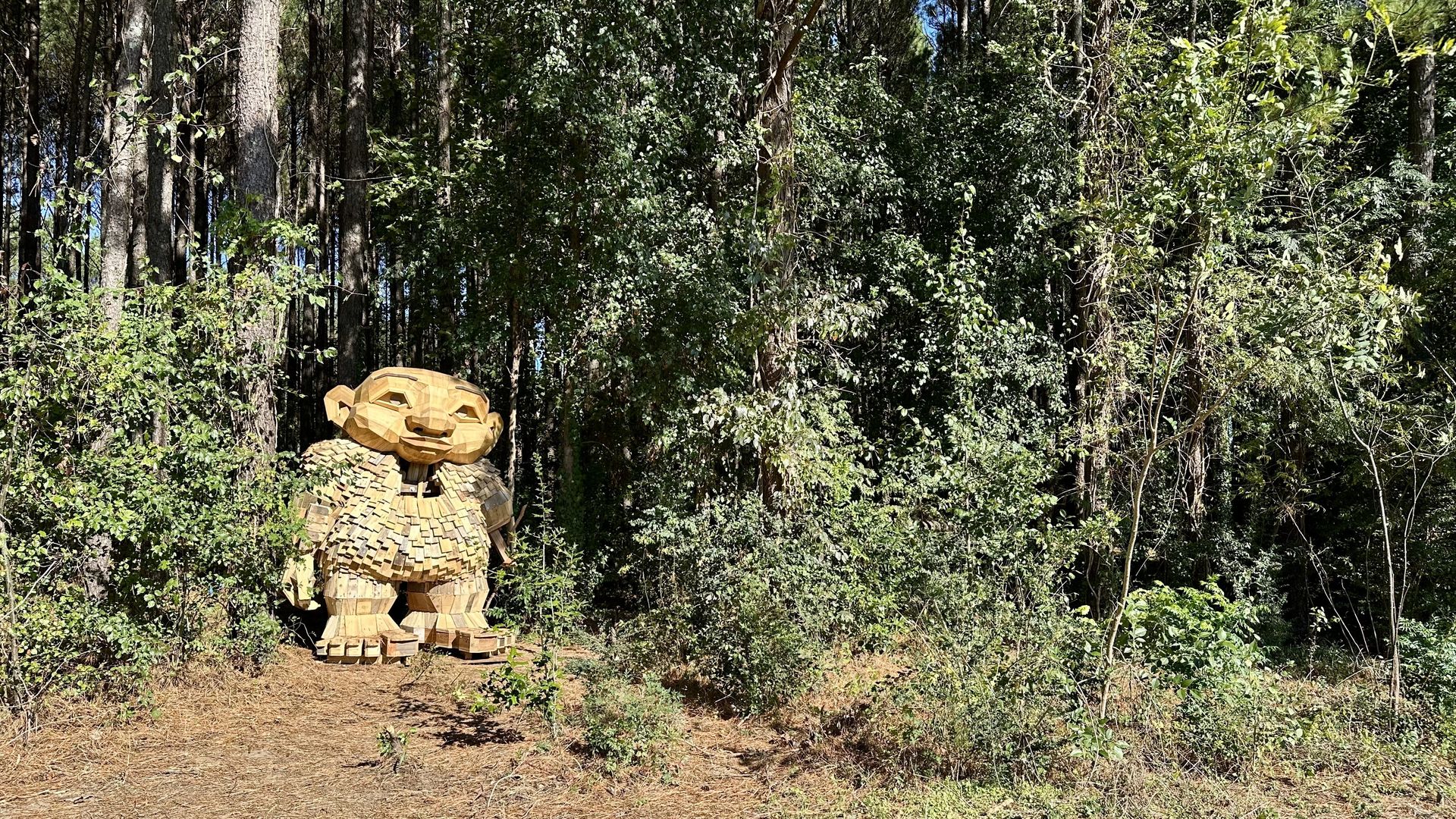 Large wooden sculpture of a humanoid figure with a textured robe, standing at the edge of a forest clearing with dense green trees and underbrush around it.