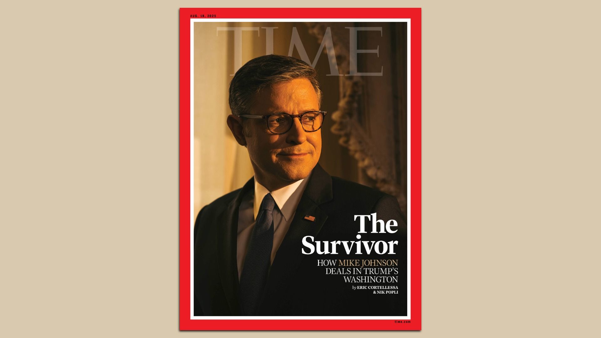 TIME magazine cover dated Aug. 18, 2025, featuring Speaker Mike Johnson, titled "The Survivor."