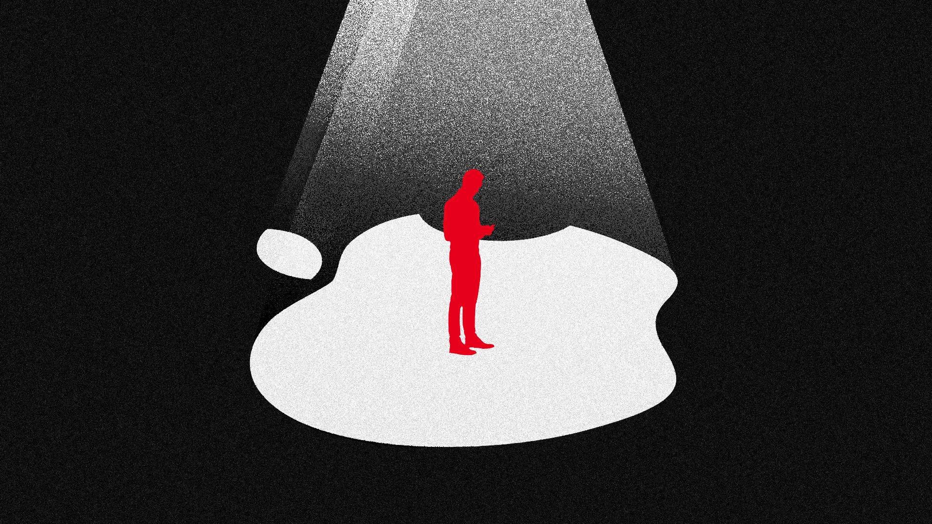 Illustration of a lone figure standing in the center of an Apple shaped spotlight.