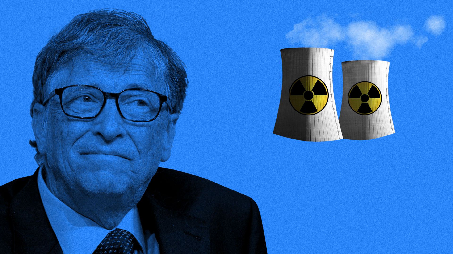 Illustration of Bill Gates considering a small nuclear reactor