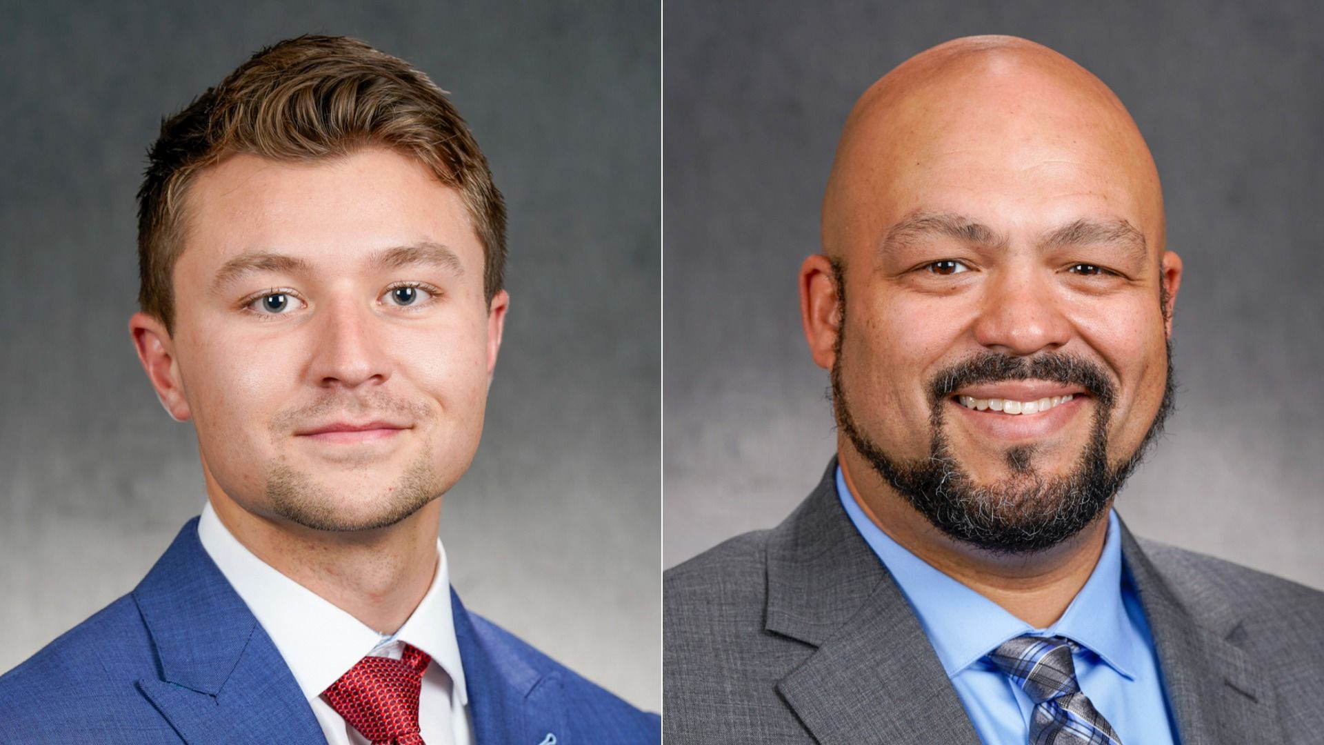 Split-image portrait of two men in professional attire: left a young man with short light-brown hair in a blue suit and red tie; right a bald man with a goatee in a gray suit and blue shirt, smiling.