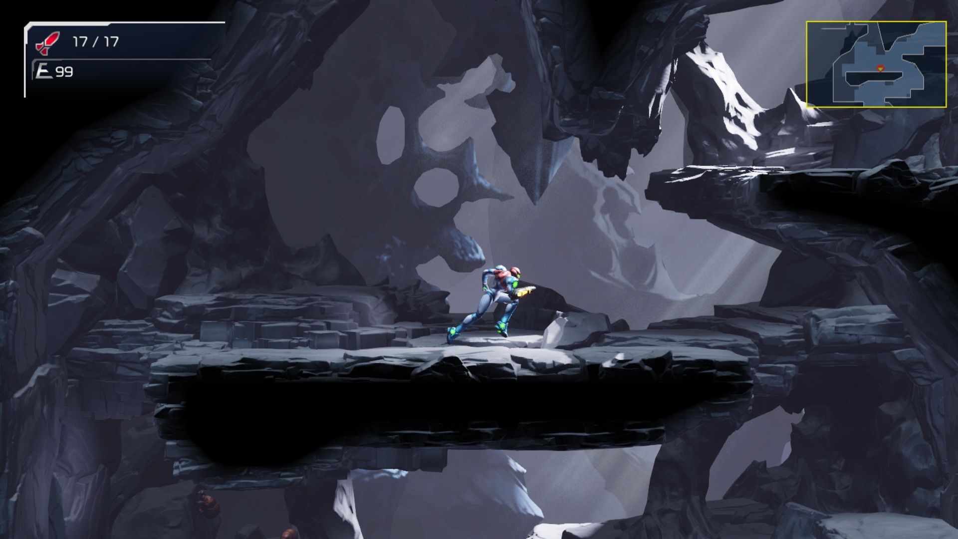 Video game screenshot showing the side view of a character in red, white and blue armor running through a cave