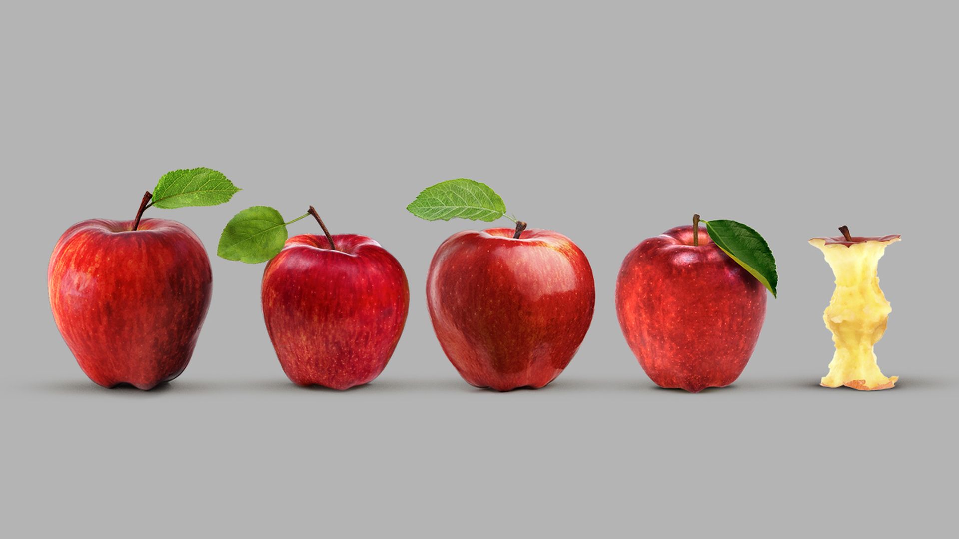 Illustration of 4 apples and 1 apple core in a line