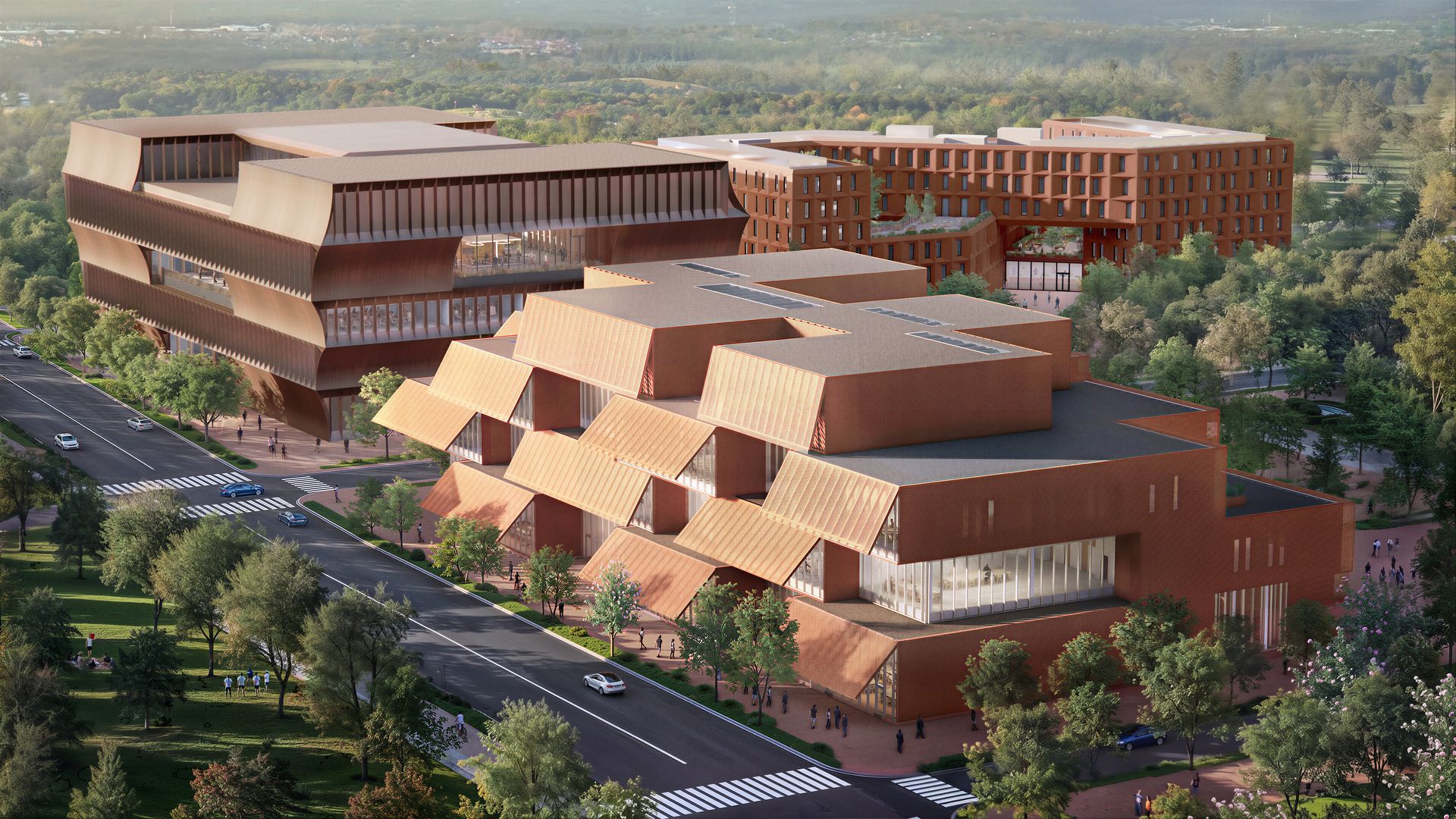 Architectural rendering of a proposed campus featuring modern brick buildings, landscaped walkways, and green spaces viewed from above.