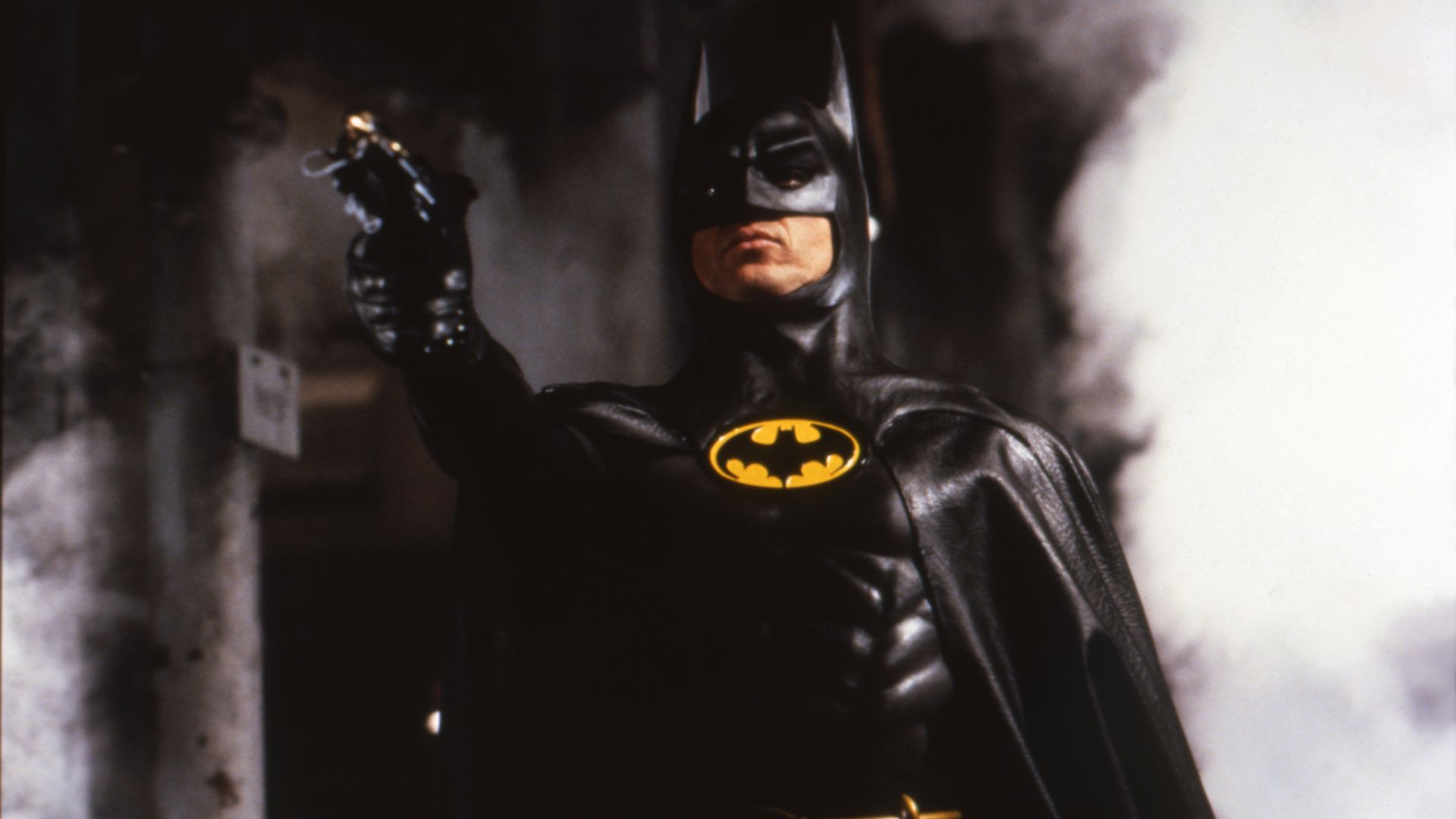 Michael Keaton dressed in costume for Batman.