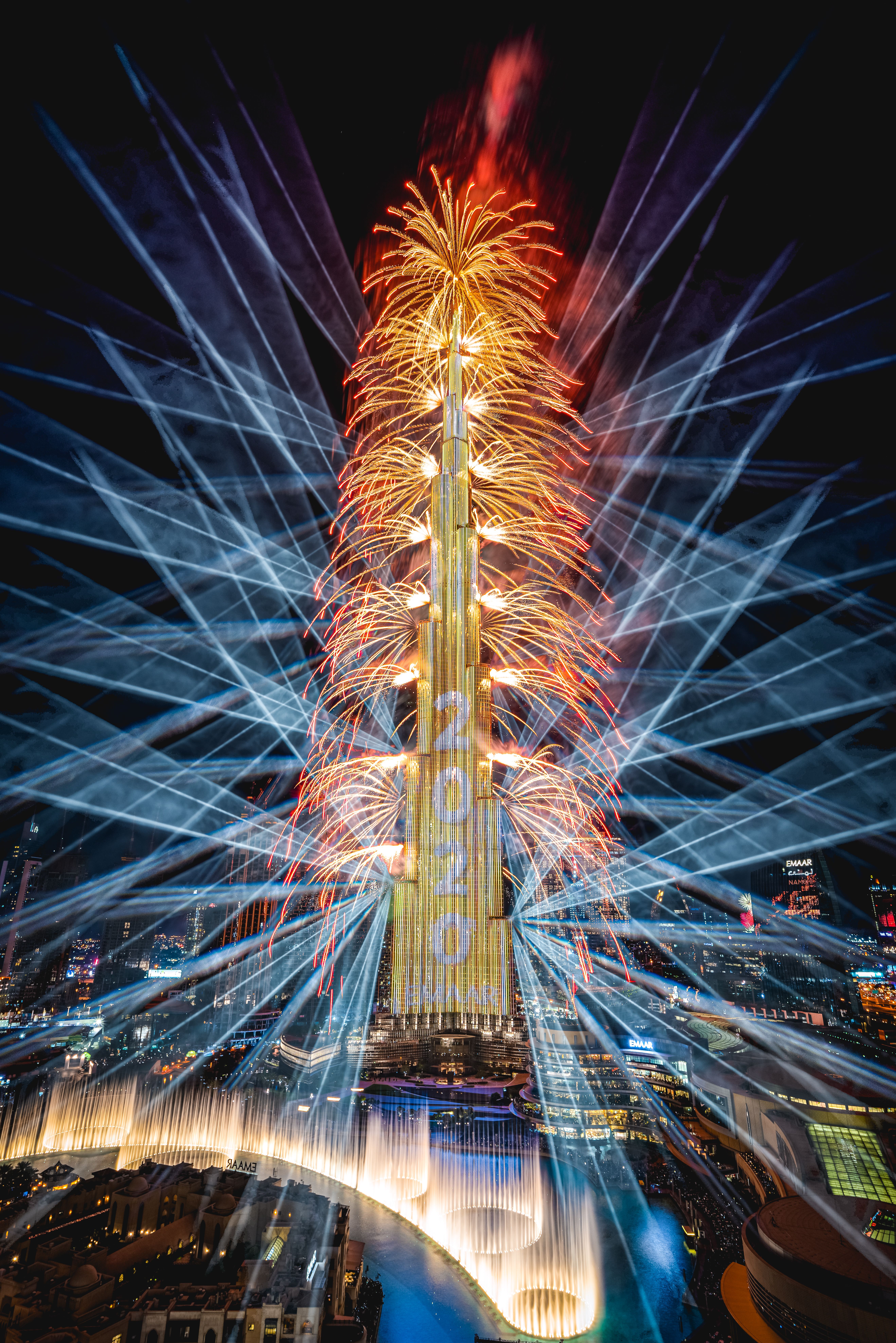 Fireworks go off at the Burj Khalifa on New Year's Eve 2019 on January 1, 2019 in Dubai