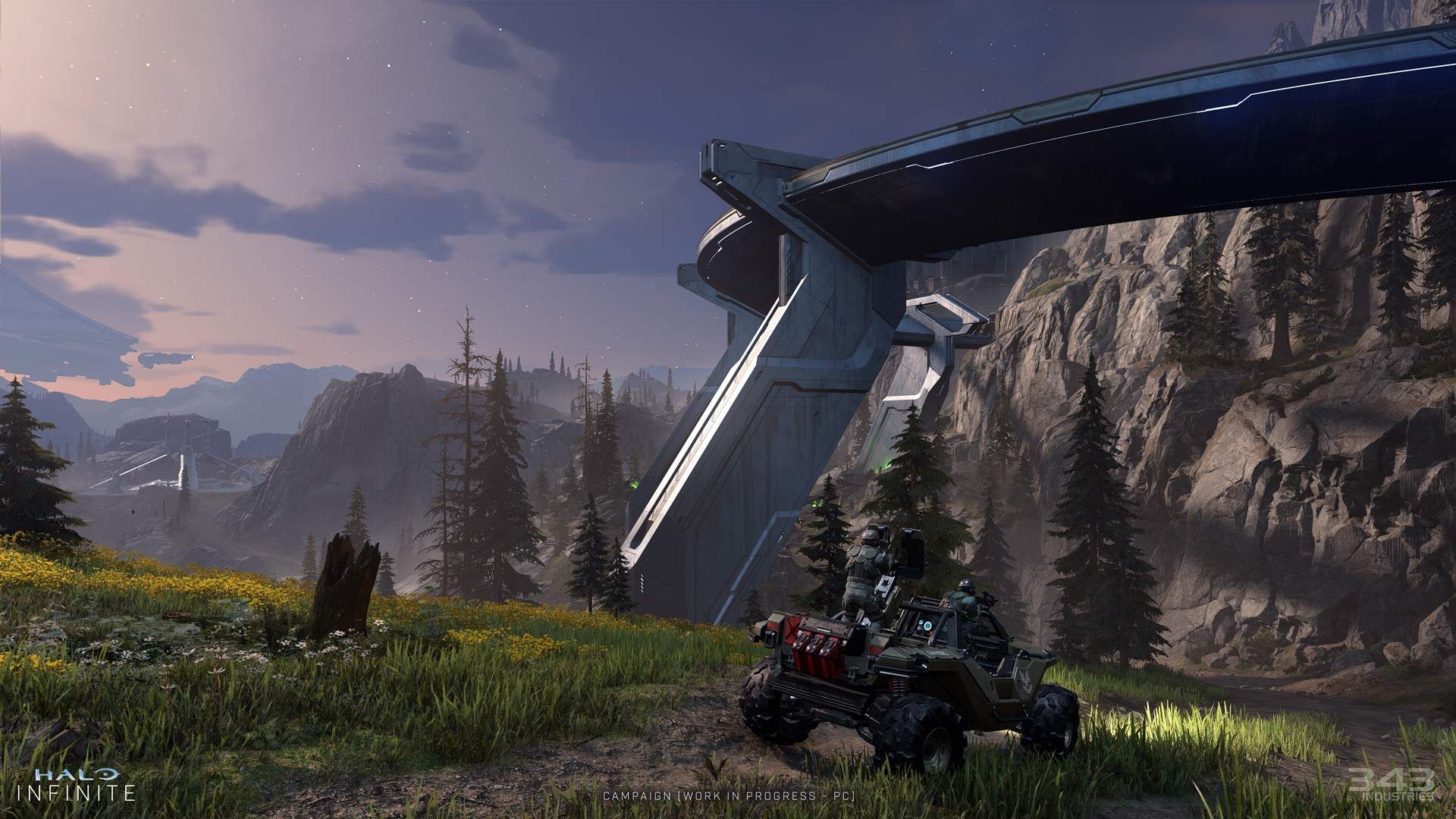Video game screenshot of futuristic soldiers riding a jeep across a forested world at dusk