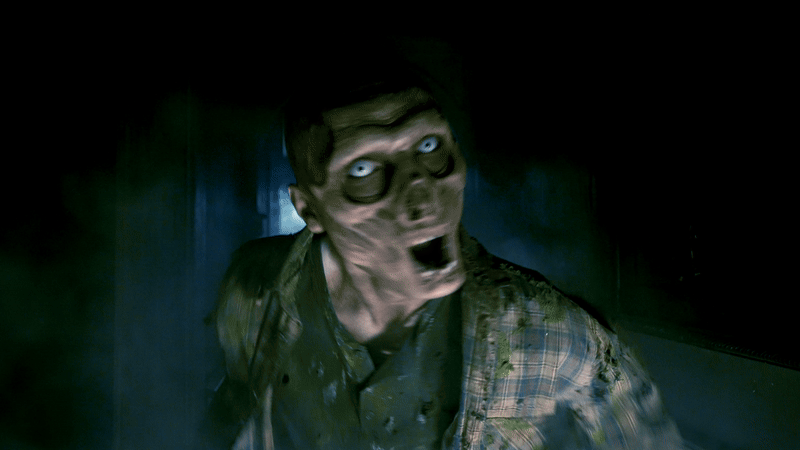 A person dressed as a zombie shakes their face at the camera.