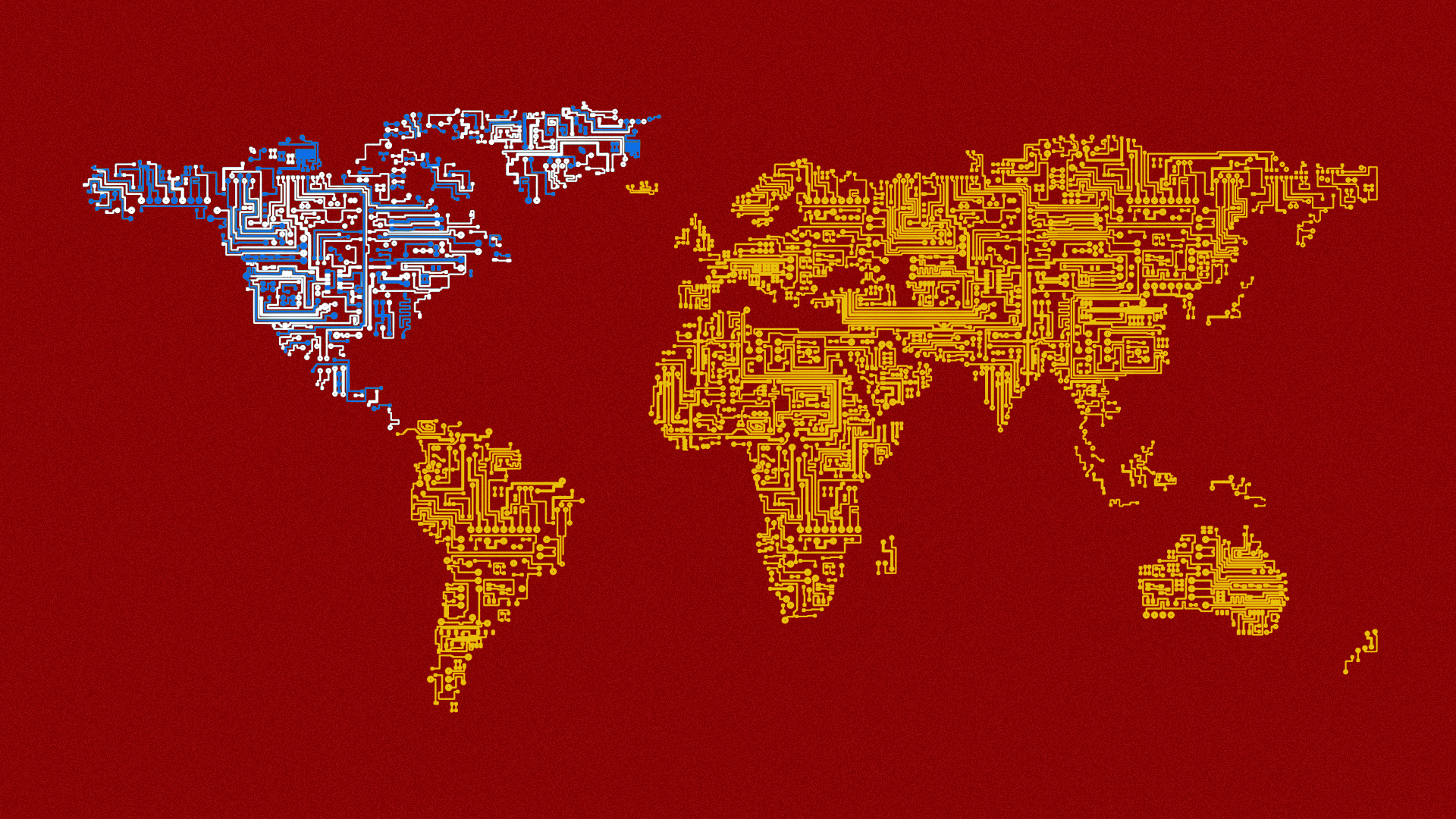 Illustration of the world as a circuitry map showing a Chinese presence in South America, Africa, Europe, Asia, and Australia, while only North America shows an American presence.