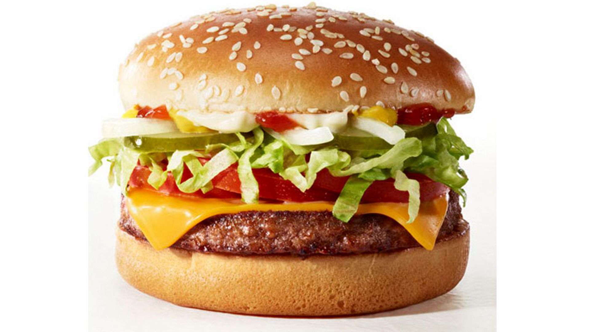 Photo of the McPlant, a hamburger with plant-based patty, cheese, lettuce and tomatoes