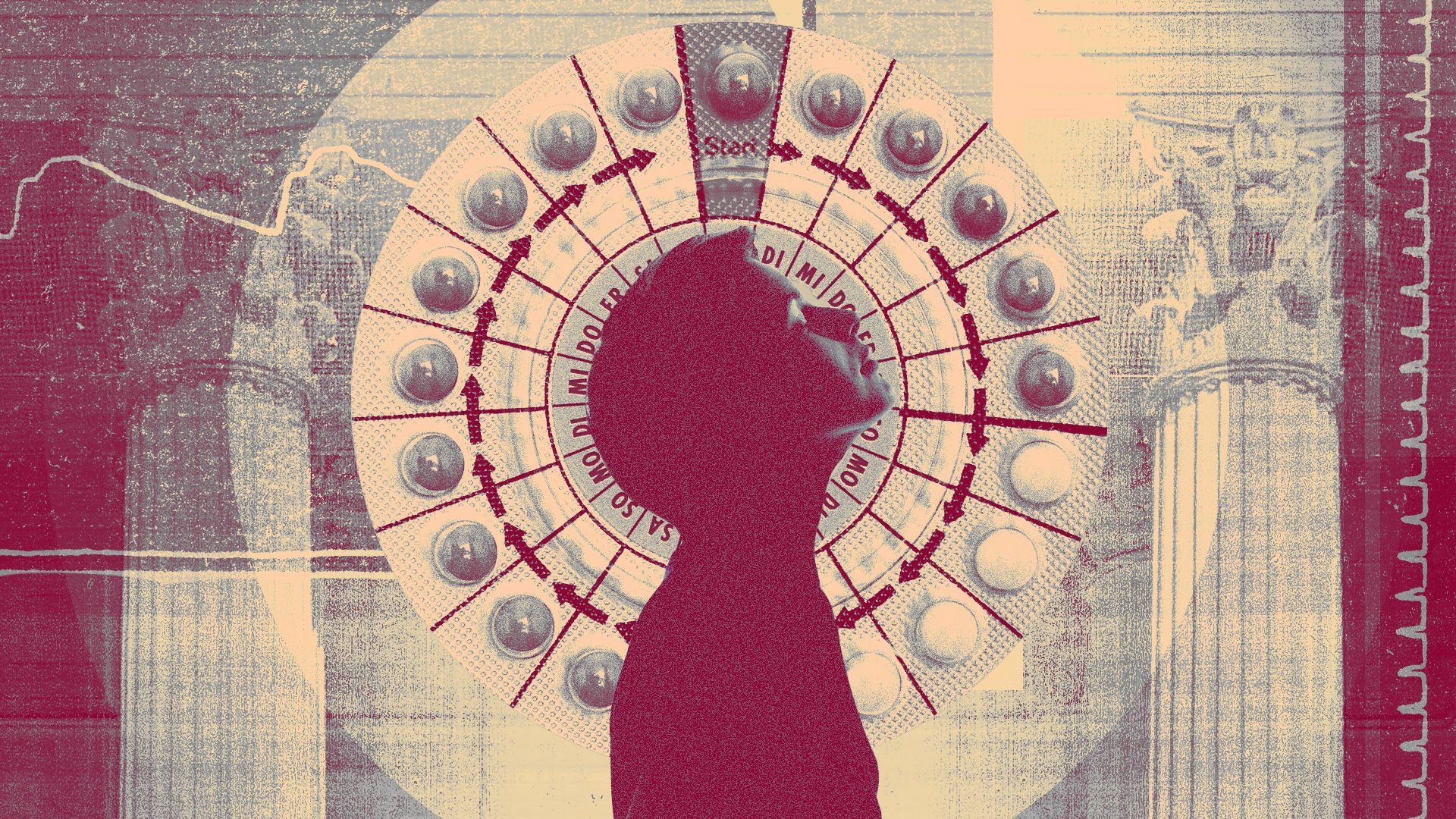 Illustration of a collage of the Supreme Court, birth control pills and a person's silhouette. 