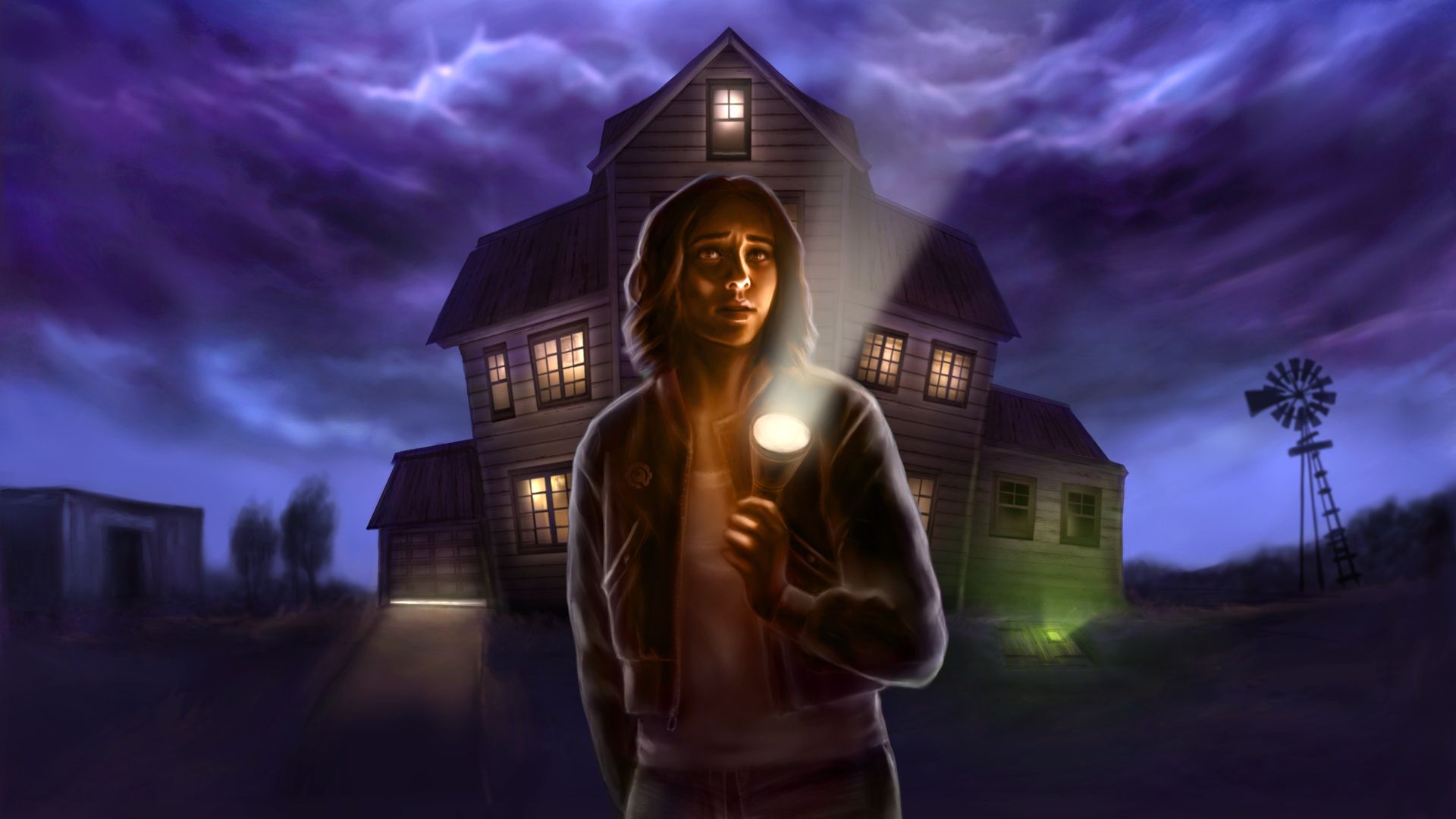 The image depicts a suspenseful and eerie scene featuring a young woman holding a flashlight in front of a dark, mysterious house. The house appears old and slightly distorted, with its windows emitting an ominous glow. 