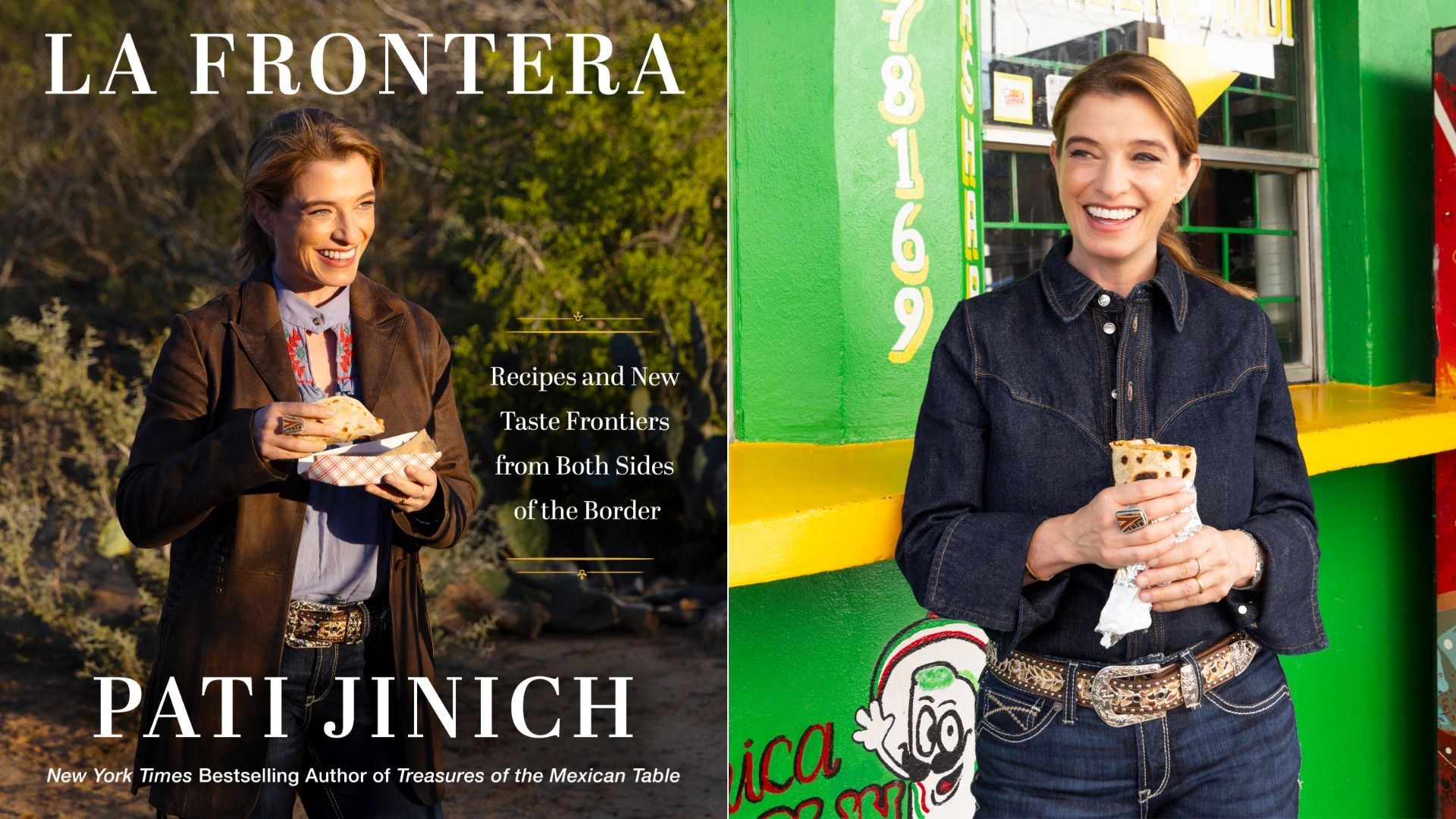 Two-panel book cover: left shows a smiling woman in a brown jacket holding a tortilla; right shows a smiling woman in denim by a bright green and yellow kiosk, holding a wrapped snack.