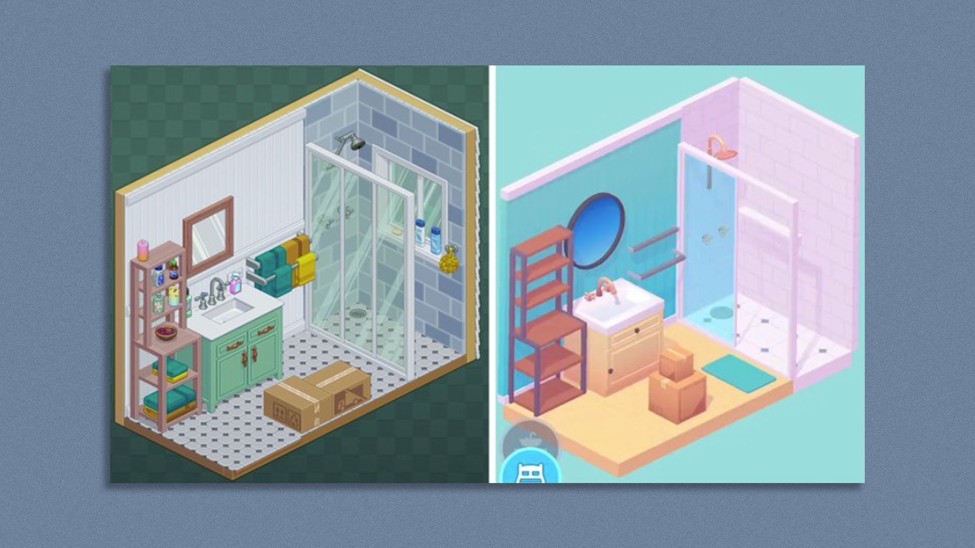 Two video game screenshots showing bathrooms with cardboard boxes in them that need to be unpacked