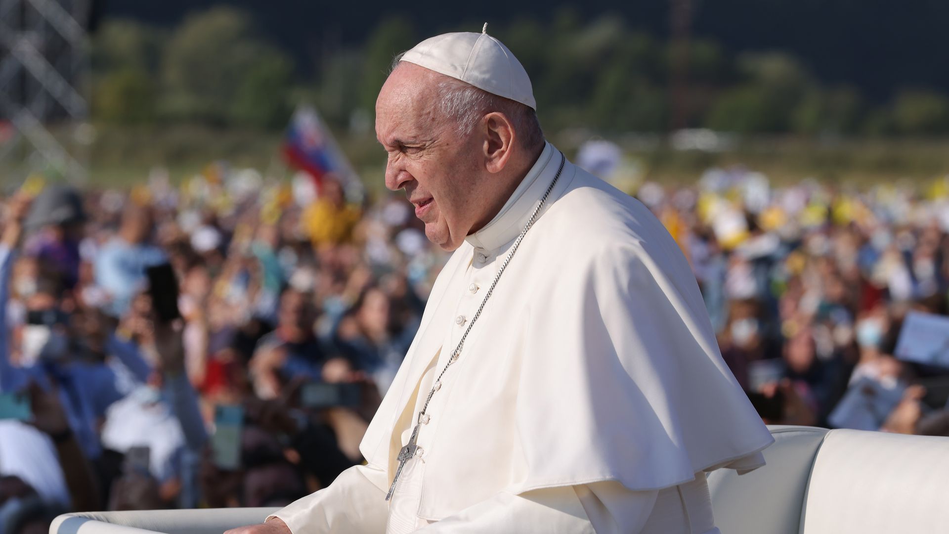 Pope Francis rides his Pope mobile through a crowd of pilgrims before holding an open-air mass on September 15, 2021 in Sastin, Slovakia