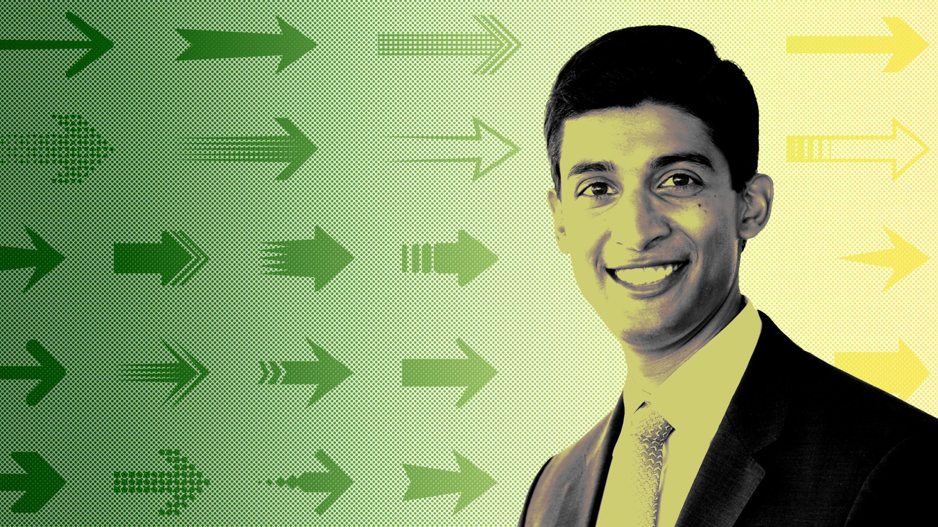 Photo illustration of Varun Sivaram with arrows pointing to the right.