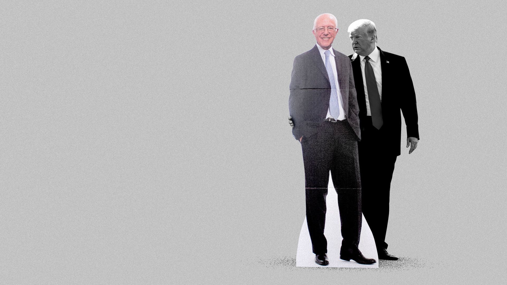 illustration of trump standing behind a bernie sanders life size cutout