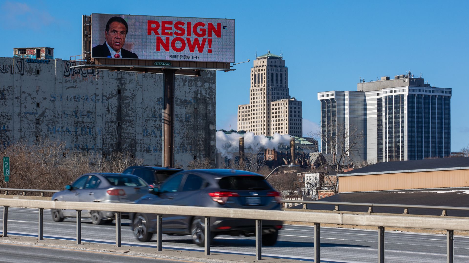 A billboard calling for Gov. Andrew Cuomo to resign is seen outside Albany, N.Y.