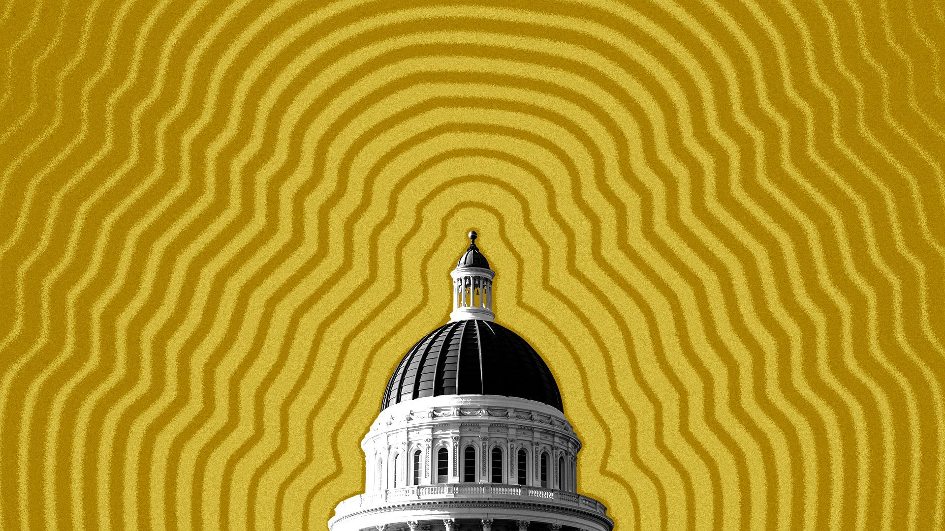 Illustration of the California State Capitol with lines radiating from it. 
