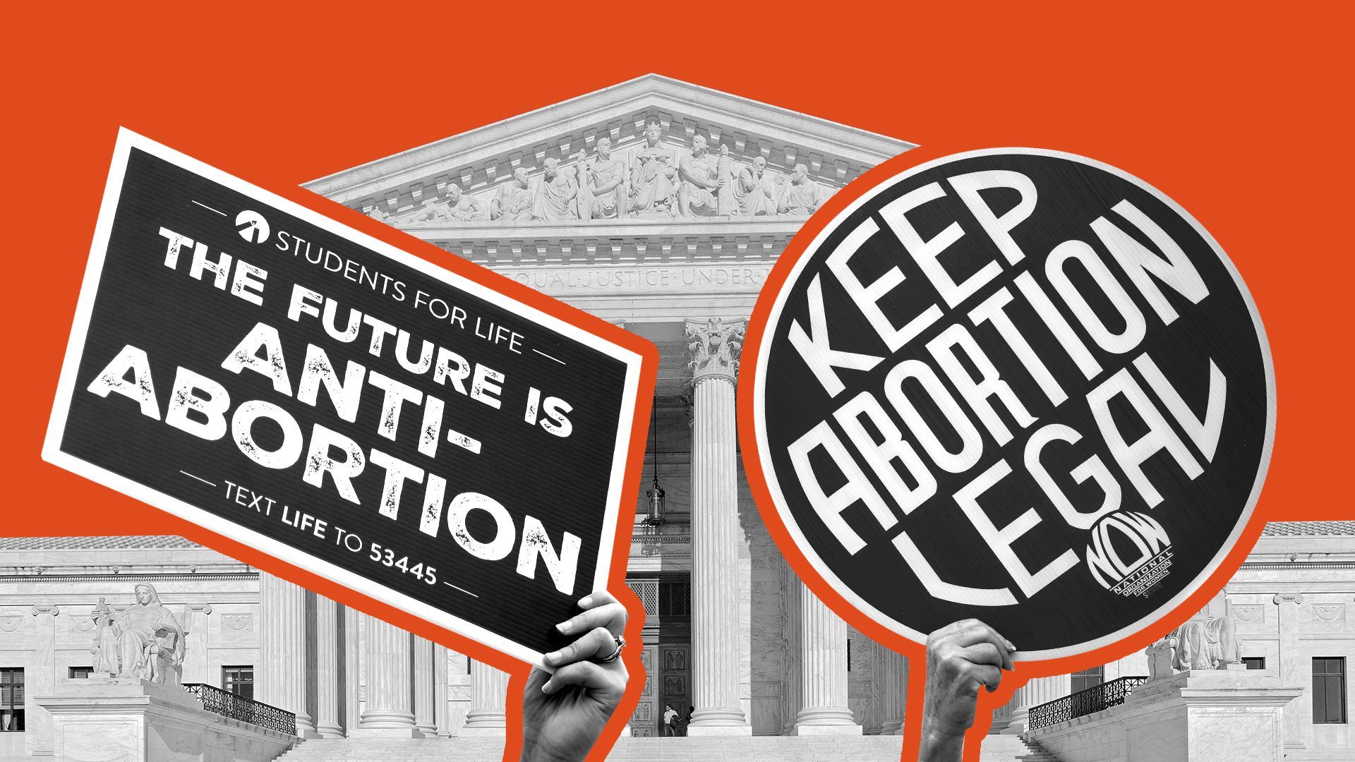 Photo illustration of abortion protest signs representing opposing sides in front of the US Supreme Court