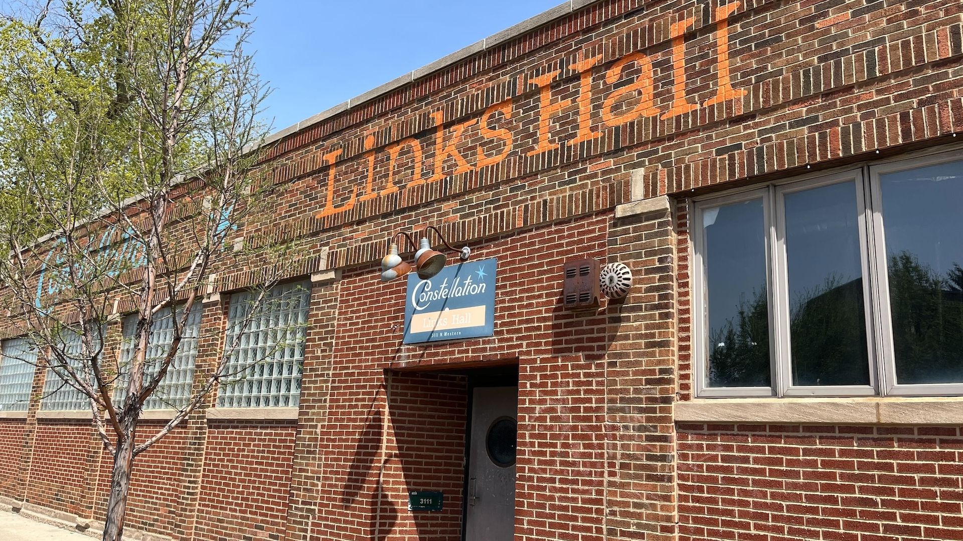 Links Hall in Roscoe Village, a red-brick building with the words "Links Hall"
